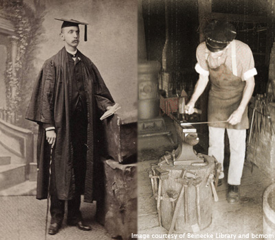 Black and white historical photographs of an academic and a smith working in a forge