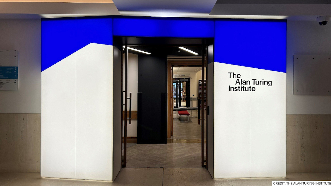 A photo of the entrance to the Alan Turing Institute, in the British Library