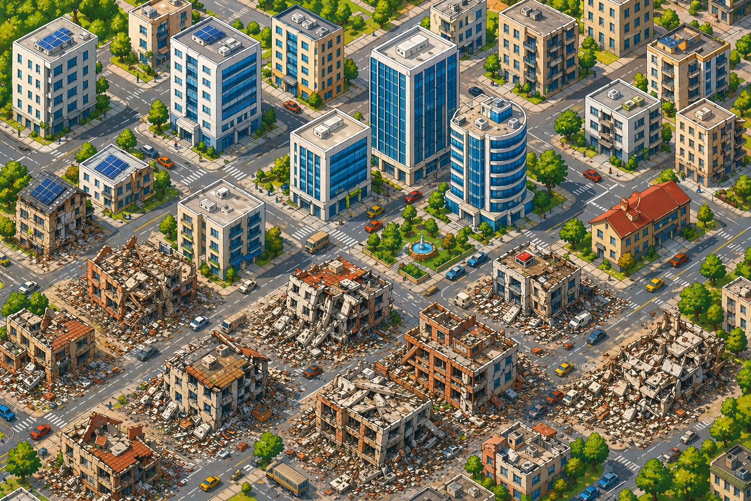 Illustration of an earthquake damaging only some buildings.