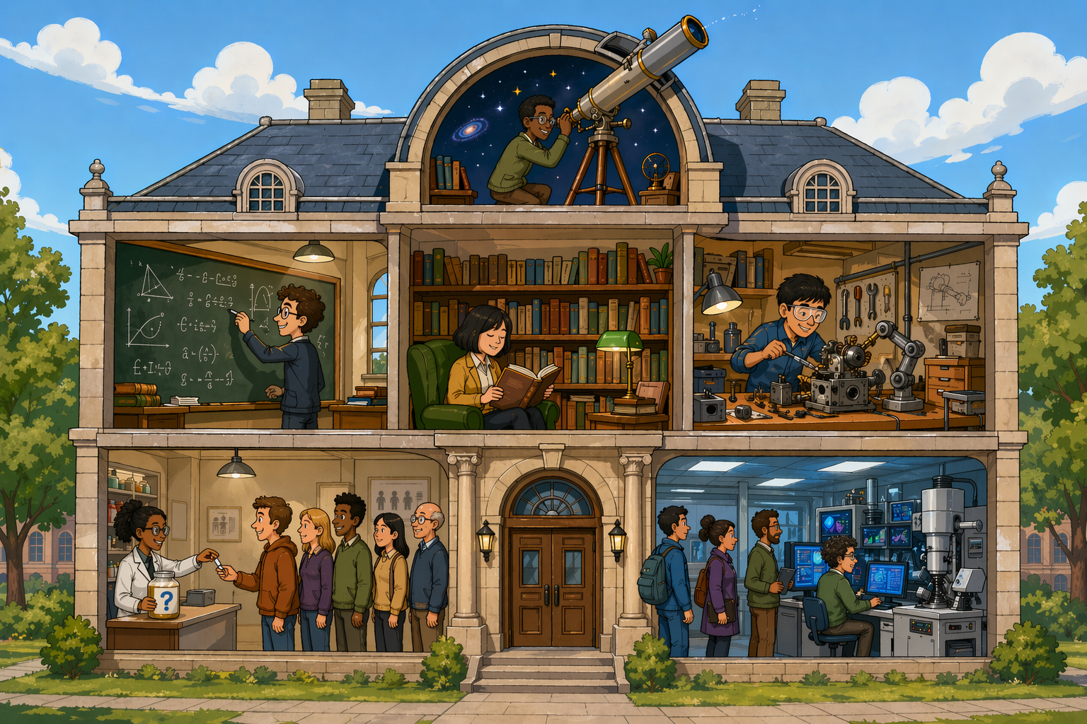 A cartoon illustrating different cultures of knowledge production, from humanities to astronomy.