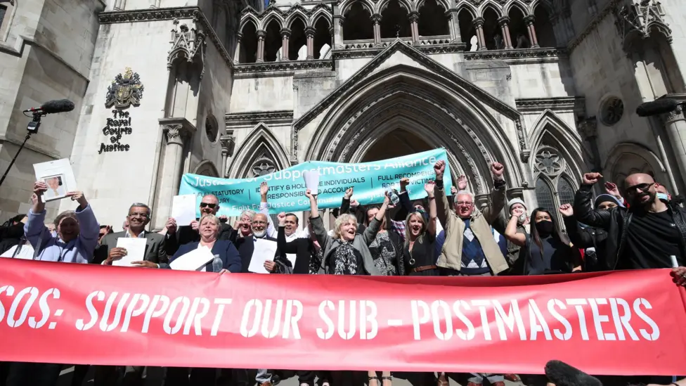 Protesting sub-postmasters outside the Royal Court of Justice